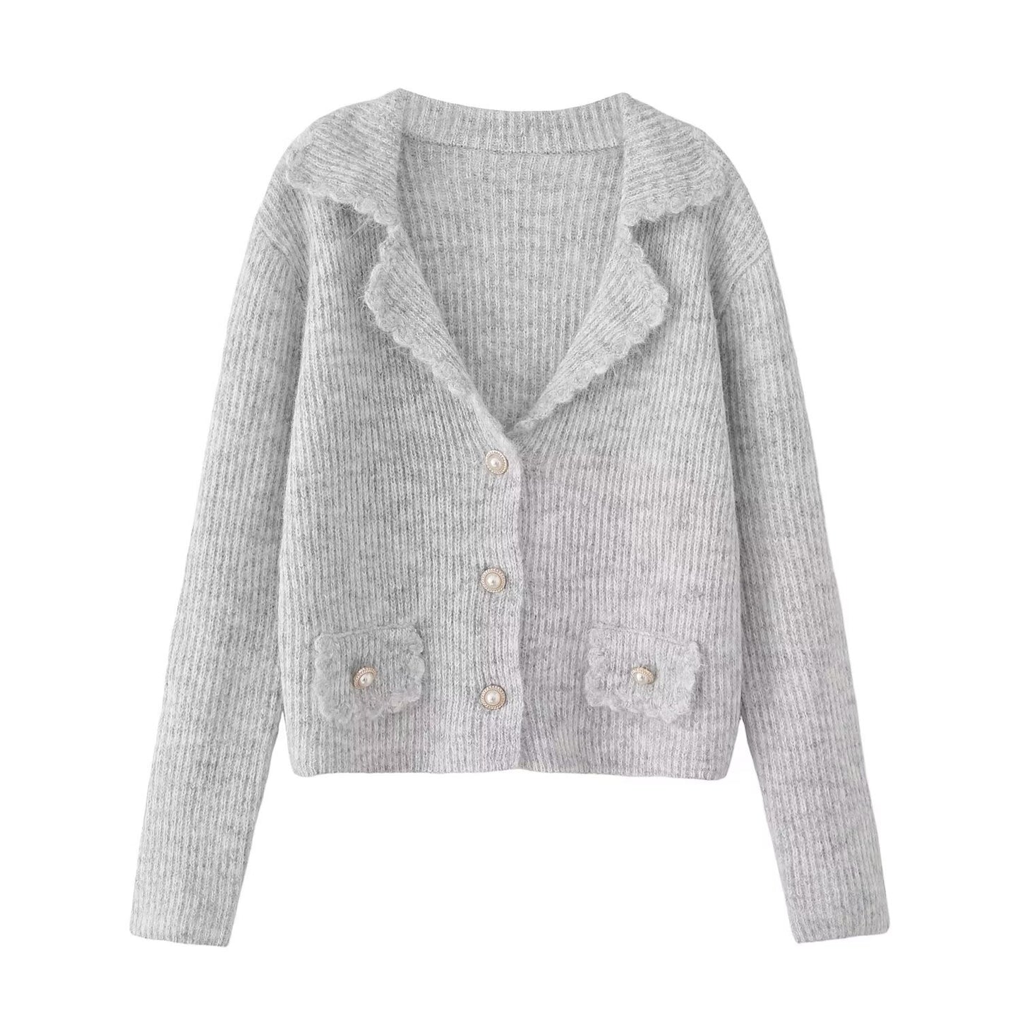 Pearl button decoration long sleeved cardigan jacket knitted sweater