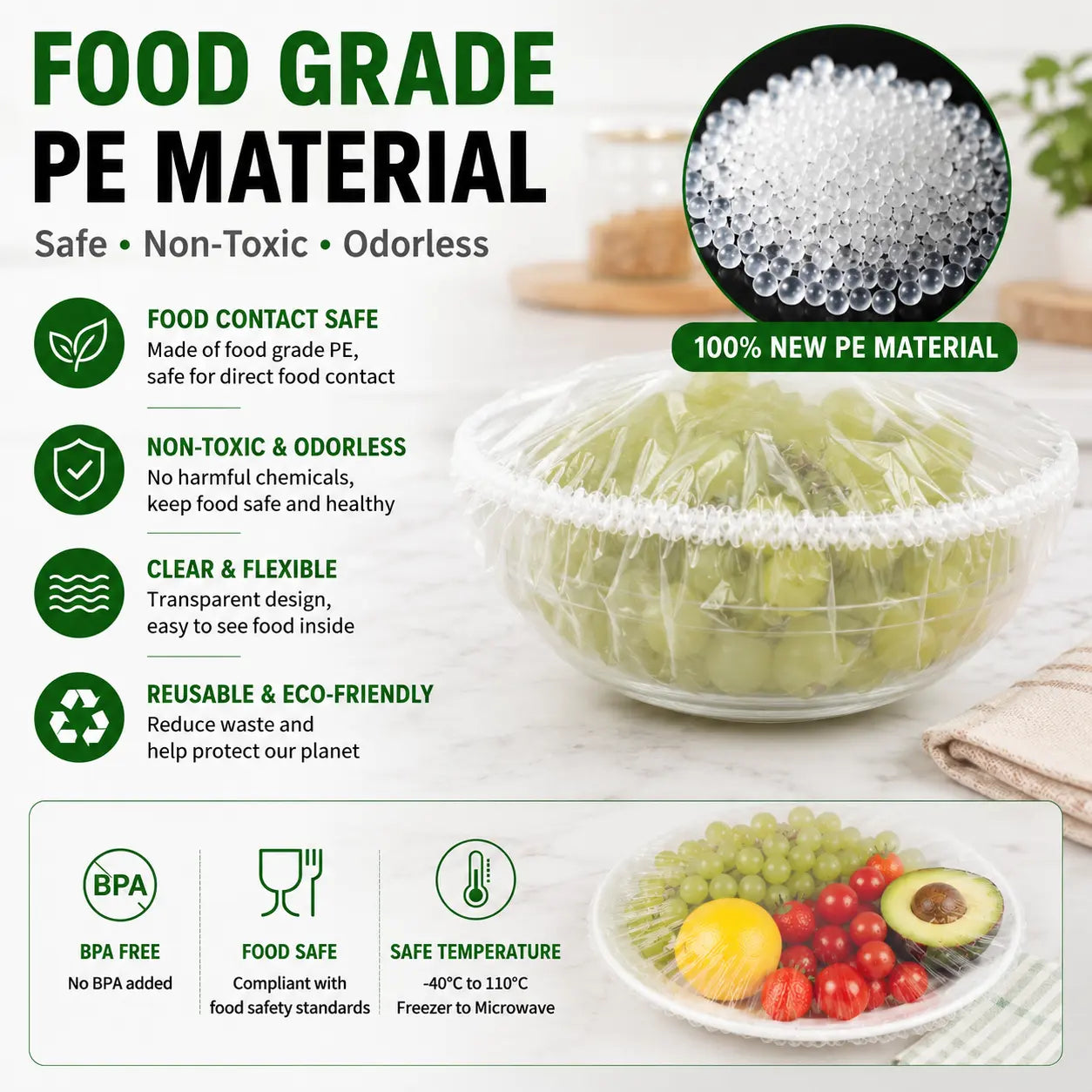 100PCS Disposable Stretch Food Covers, Elastic Kitchen Bowl & Plate Lids, Plastic Wrap Alternative for Food Storage & Leftovers Preservation