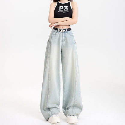 Tencel Wide-Leg Patchwork Jeans Spring Soft Skin-Friendly Drapey Knife-Edge Straight Leg Floor-Length Pants