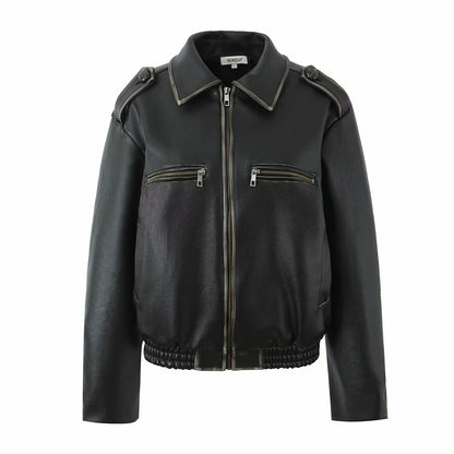 Retro washed and wiped motorcycle zipper jacket