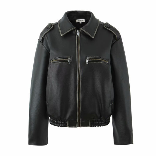 Retro washed and wiped motorcycle zipper jacket