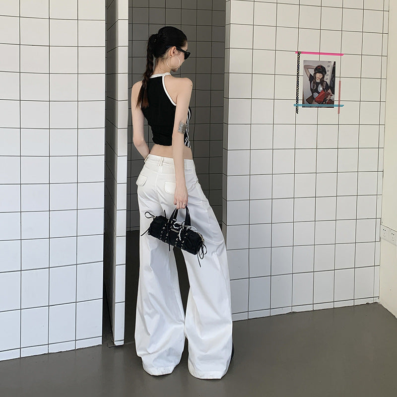 White Wide-Leg Casual Pants Light Weight High Waist Long Length Trousers for Tall Women