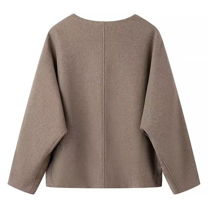 V-neck long sleeved single breasted casual woolen jacket for women