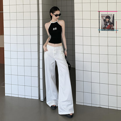 White Wide-Leg Casual Pants Light Weight High Waist Long Length Trousers for Tall Women