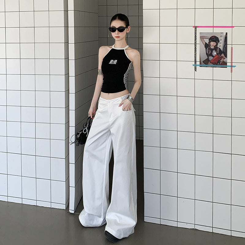 White Wide-Leg Casual Pants Light Weight High Waist Long Length Trousers for Tall Women