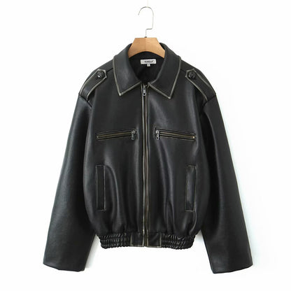 Retro washed and wiped motorcycle zipper jacket