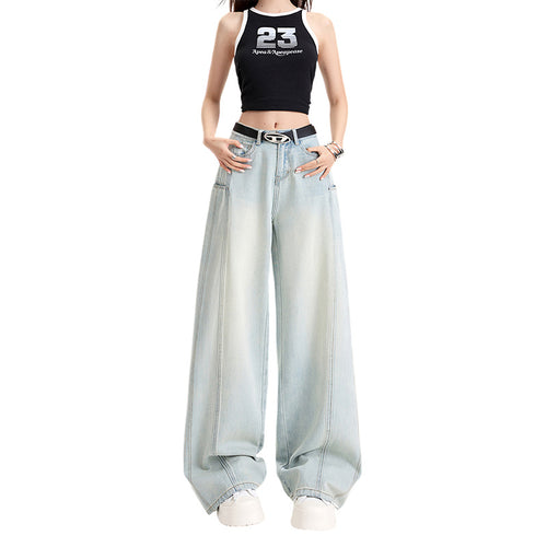 Tencel Wide-Leg Patchwork Jeans Spring Soft Skin-Friendly Drapey Knife-Edge Straight Leg Floor-Length Pants