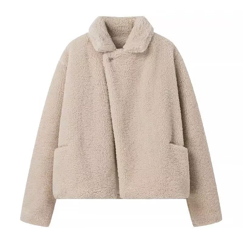 Flip collar lamb wool asymmetrical woolen coat for women