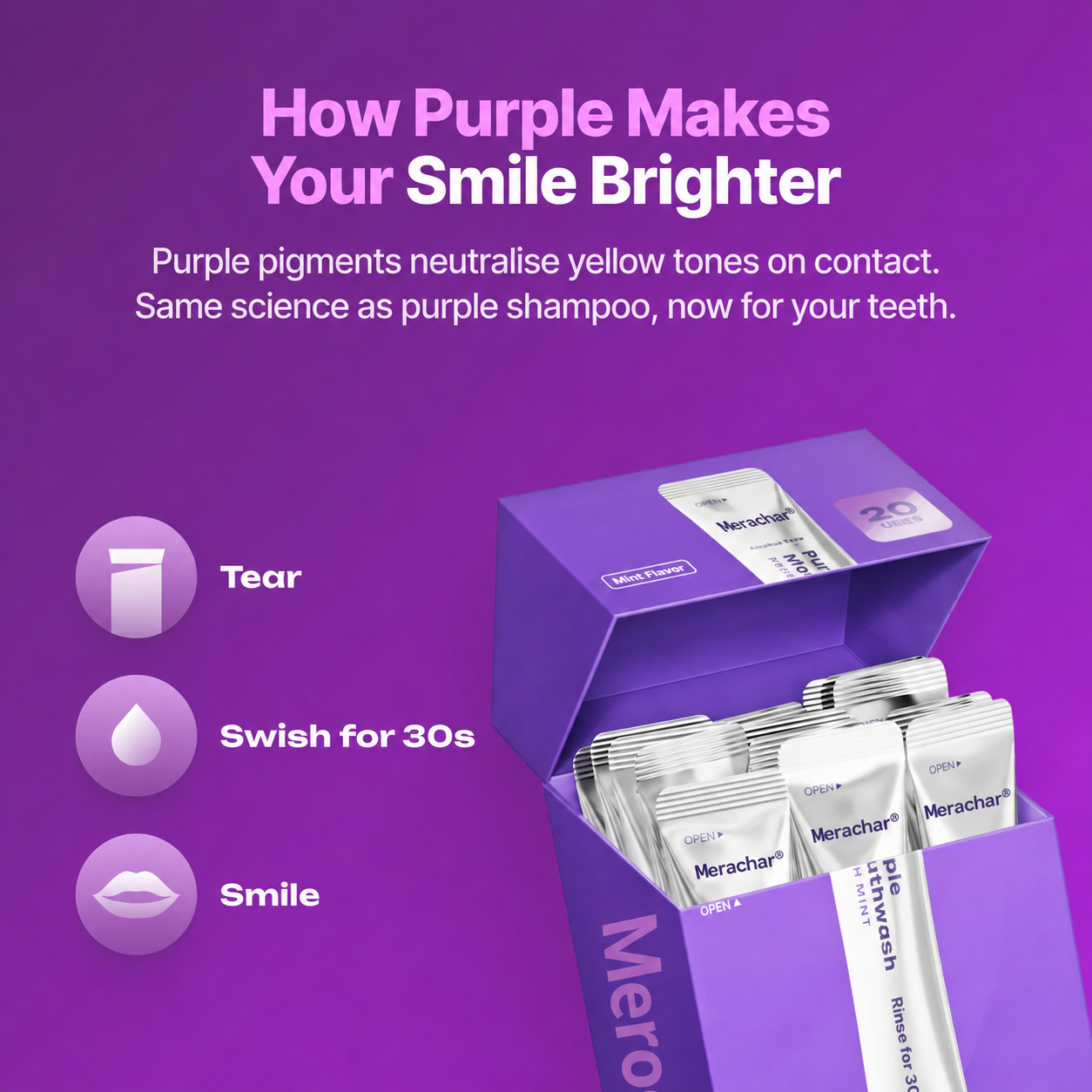 Merochar® Purple Mouthwash — 30-Second Color-Correcting Smile Brightener for Fresher Breath