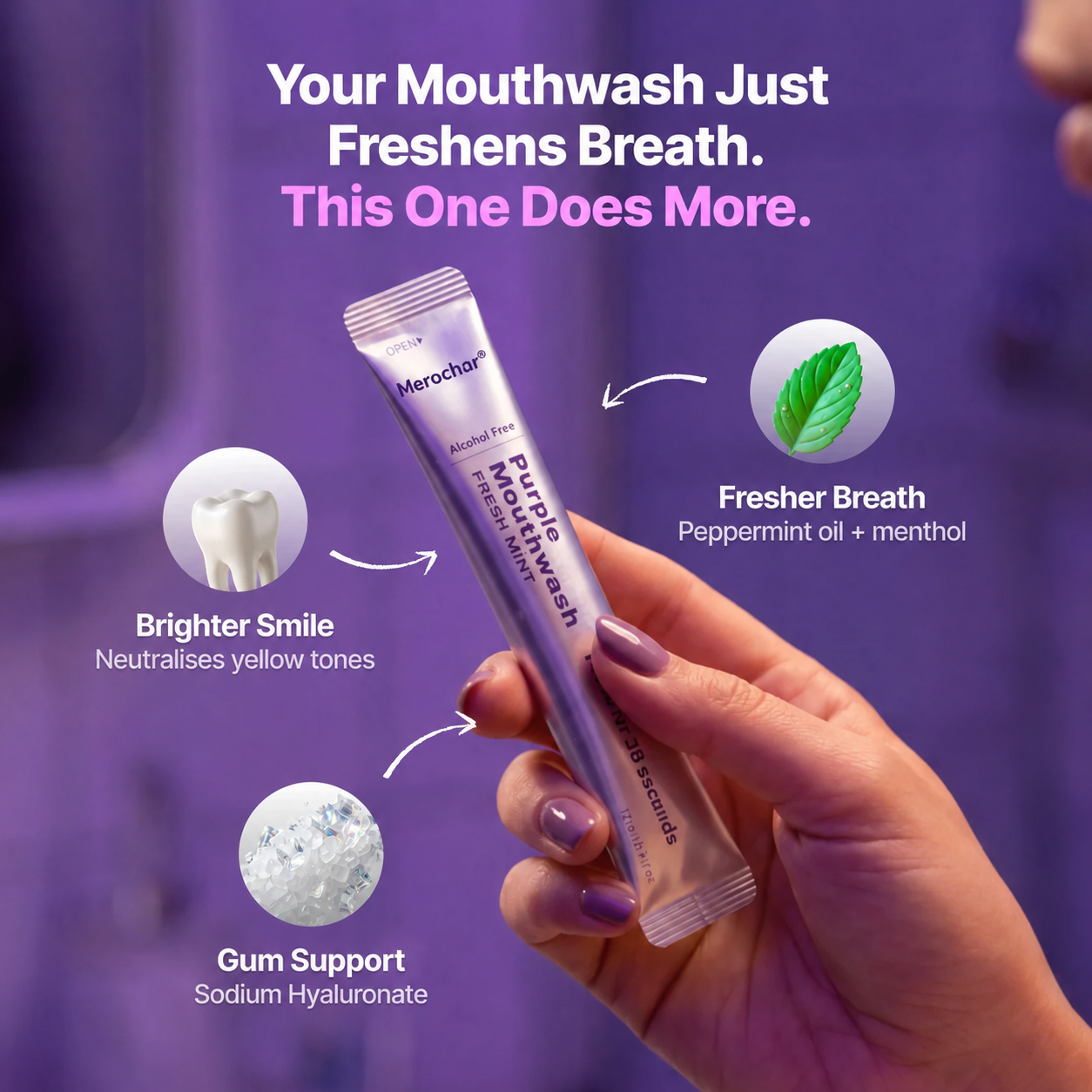 Merochar® Purple Mouthwash — 30-Second Color-Correcting Smile Brightener for Fresher Breath