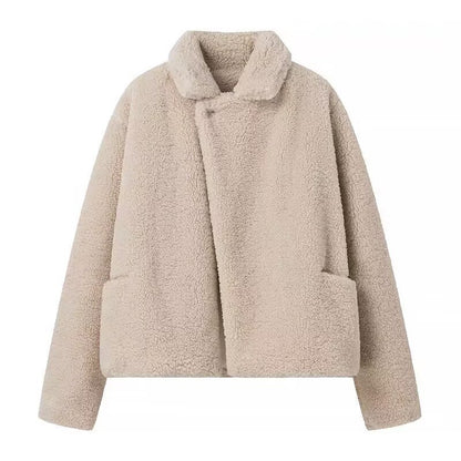 Flip collar lamb wool asymmetrical woolen coat for women