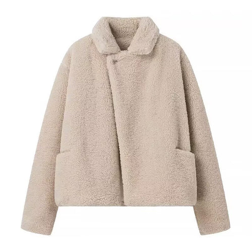 Flip collar lamb wool asymmetrical woolen coat for women