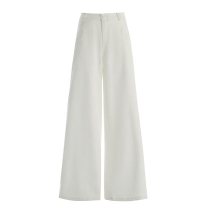 White Wide-Leg Casual Pants Light Weight High Waist Long Length Trousers for Tall Women
