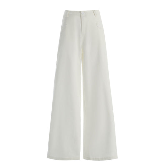 White Wide-Leg Casual Pants Light Weight High Waist Long Length Trousers for Tall Women
